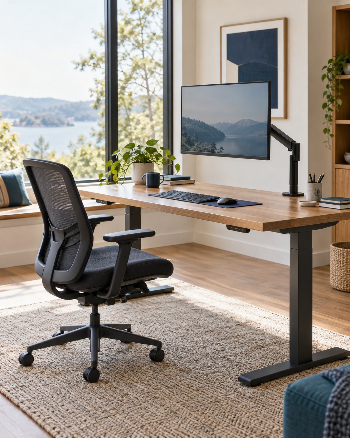 Sunlit workspace with an adjustable desk, monitor and ergonomic chair